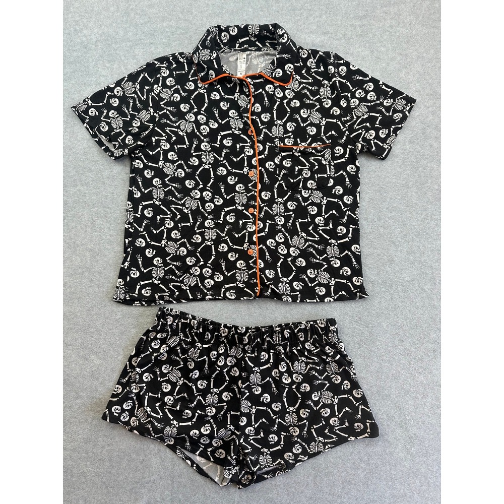 Skeleton Print Pajama Set Black Orange Button Down Short Sleeve Shorts Medium
